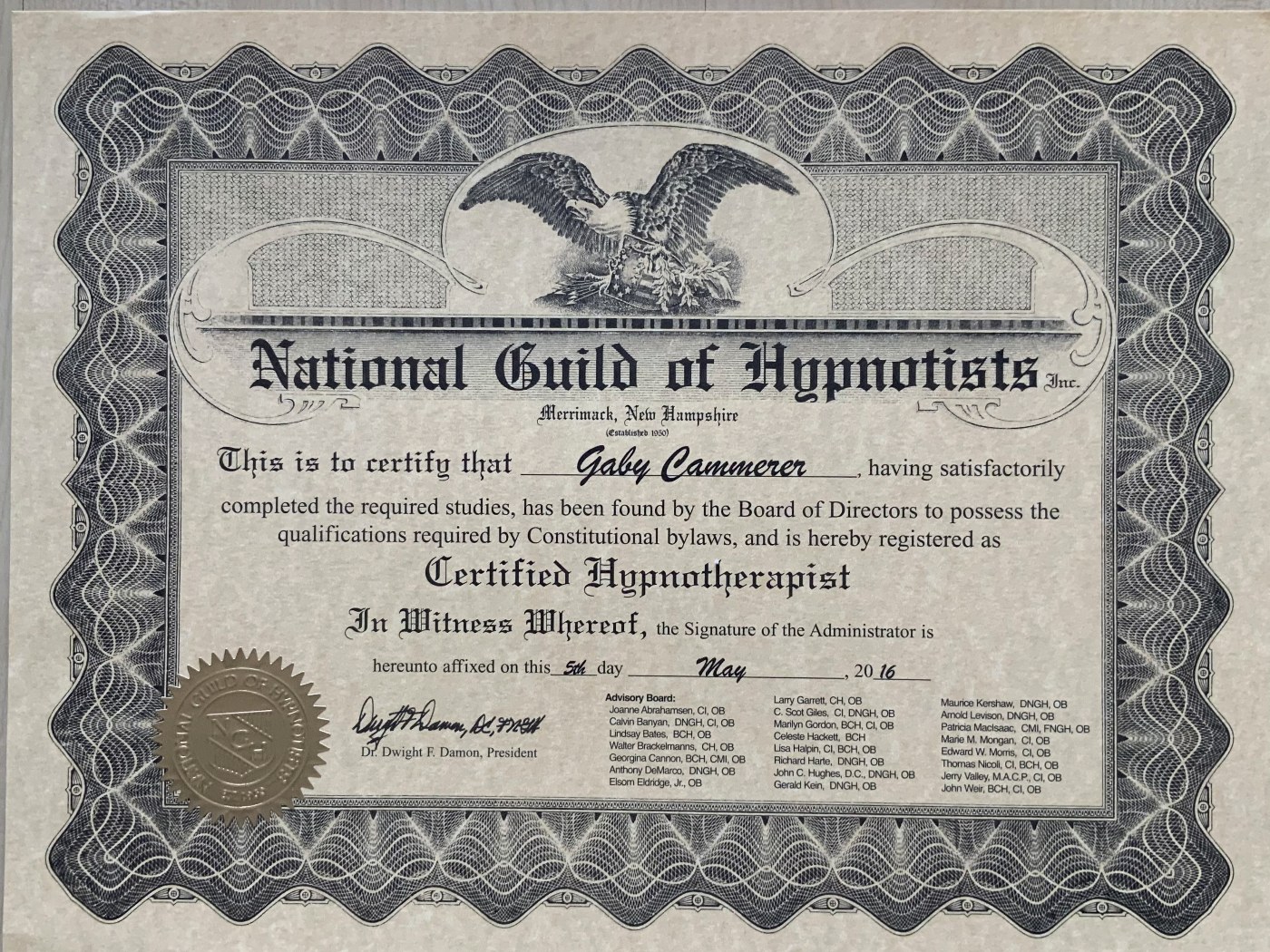 Certified Hypnotherapist, National Guild of Hypnotists