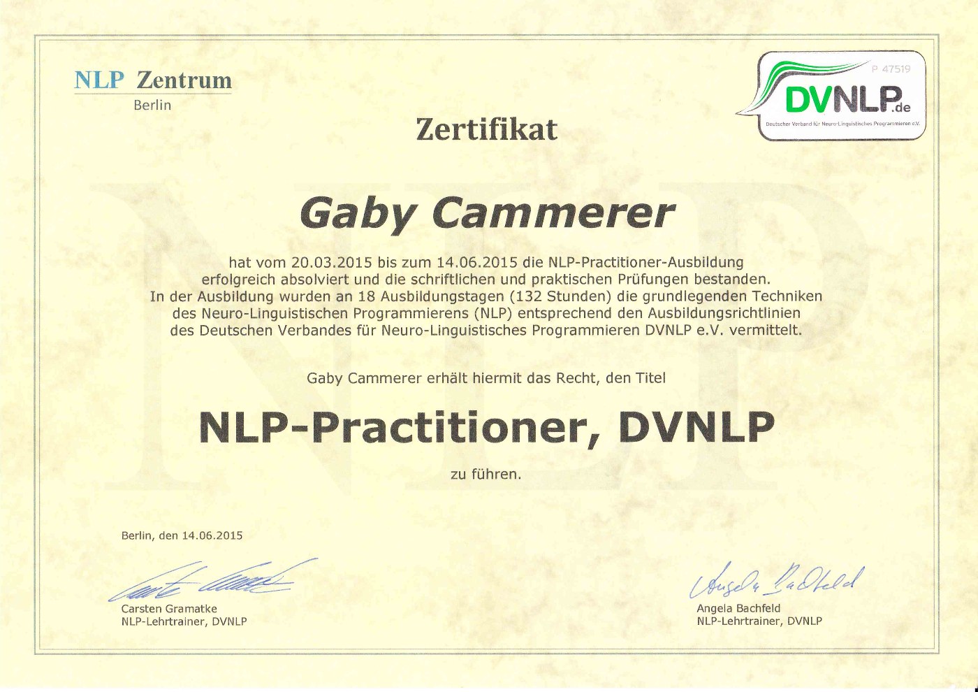 Zertifikat NLP-Practitioner, DVNLP